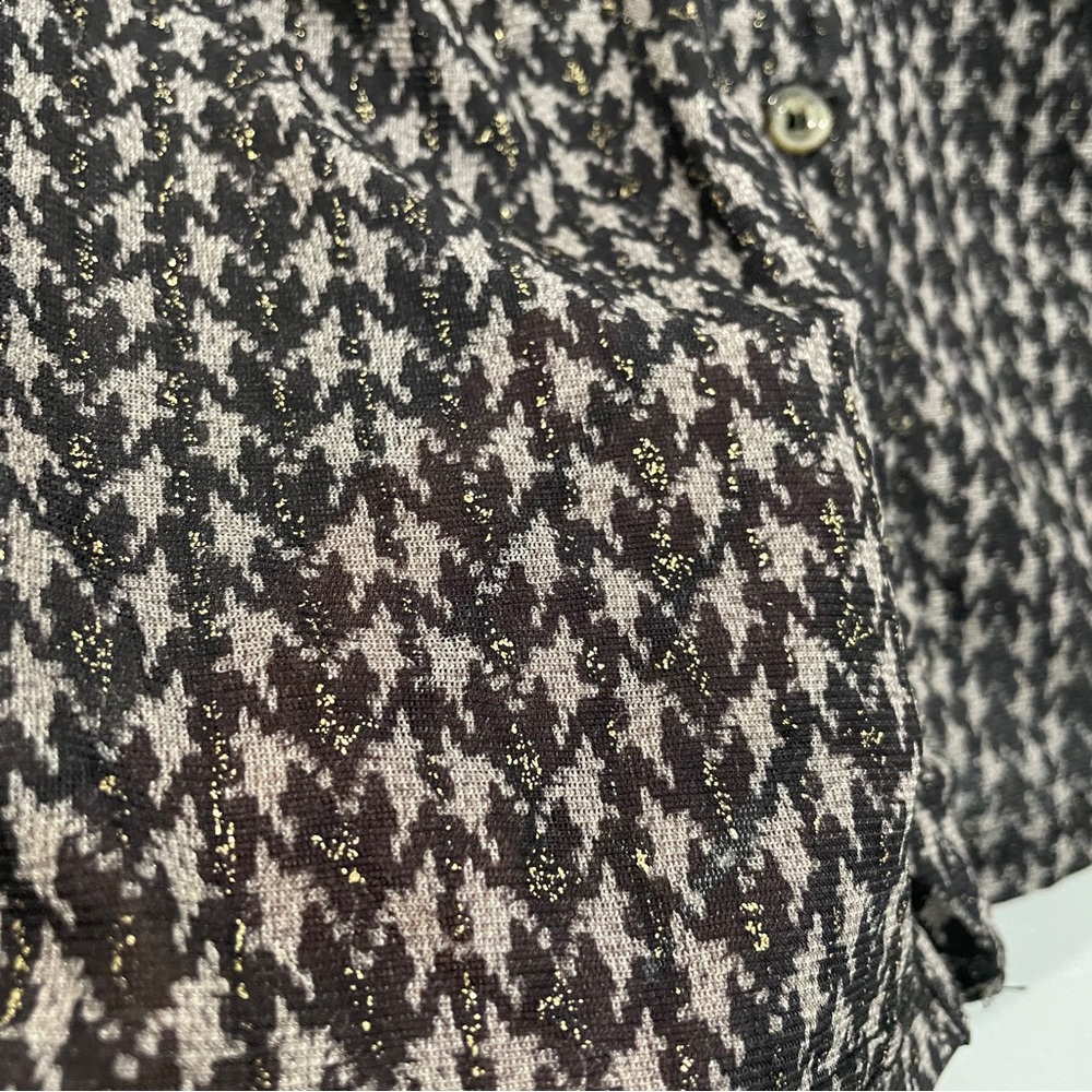 Aster Junior Size‎ M Sheer Houndstooth Gold Metallic Ruched Button Down Blouse - Picture 2 of 3